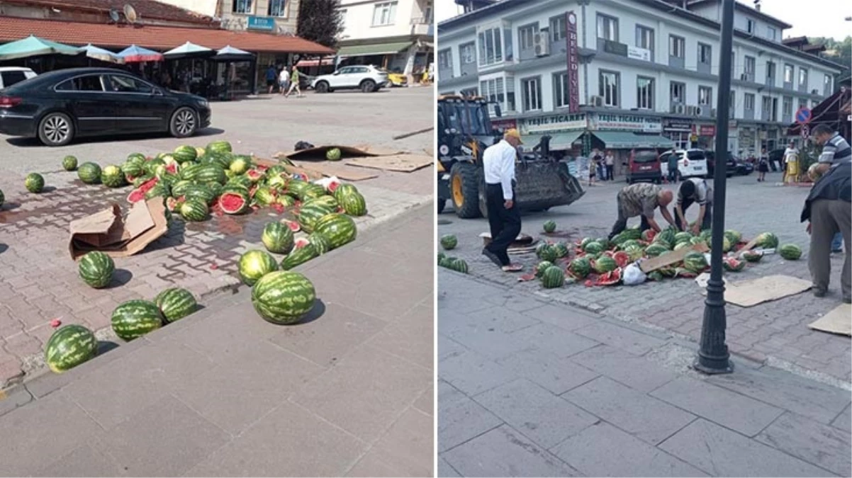 Kaymakamlık önünde ilginç protesto! Satışına izin verilmeyen karpuzları döktü