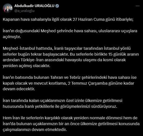 Bakan Uraloğlu: Meşhed hava sahası, uluslararası uçuşlara açıldı