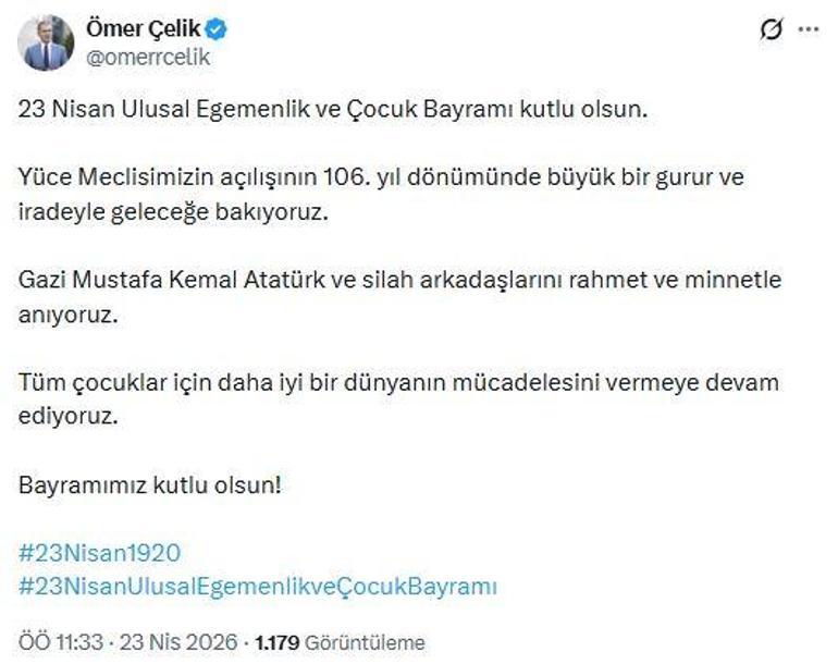 AK Parti'li Çelik: 23 Nisan Ulusal Egemenlik ve Çocuk Bayramı kutlu olsun