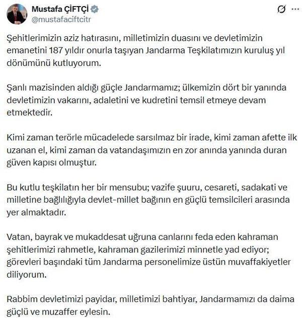Bakan Çiftçi, Jandarma Teşkilatı'nın kuruluş yıl dönümünü kutladı