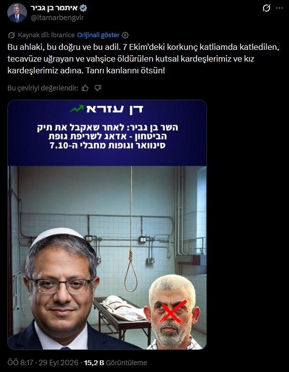 Ben Gvir'den Yahya Sinvar tehdidi: Cenazeleri yakacağız